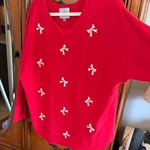 Elegant Red V-Neck Sweater with Bow Details